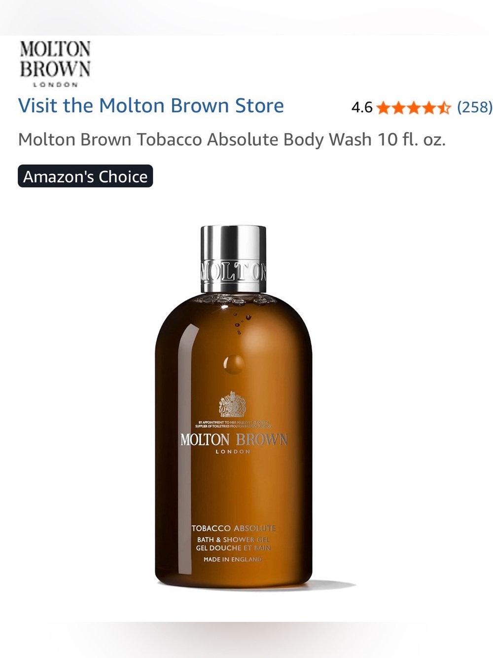Molton Brown Tobacco Absolute Body Wash 10 FL OZ. New